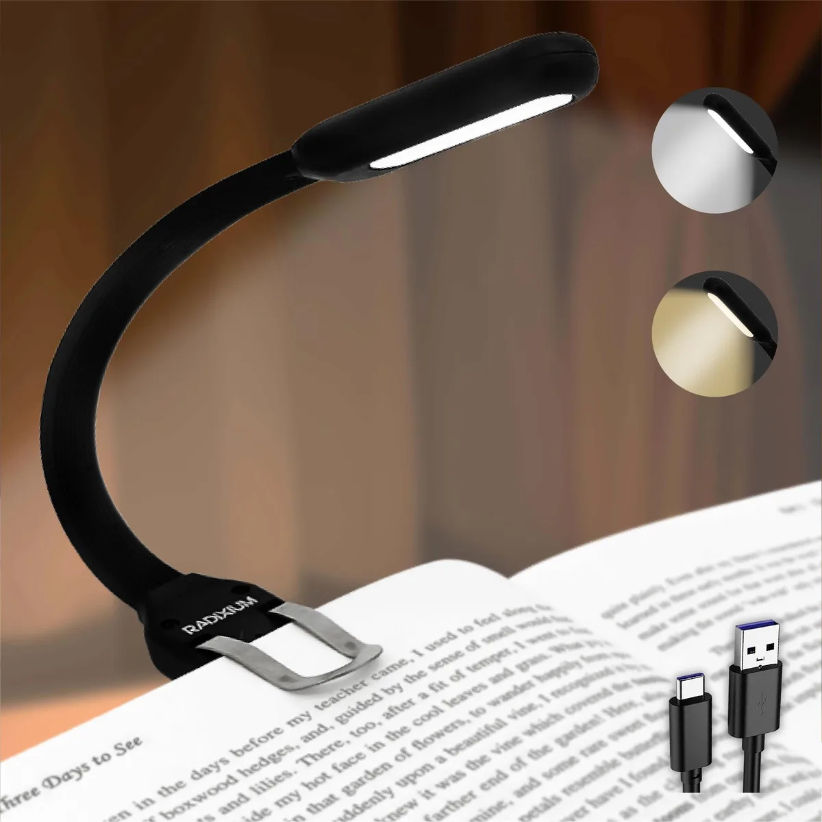 Compact black clip-on book light with 12 LEDs and USB-C charging