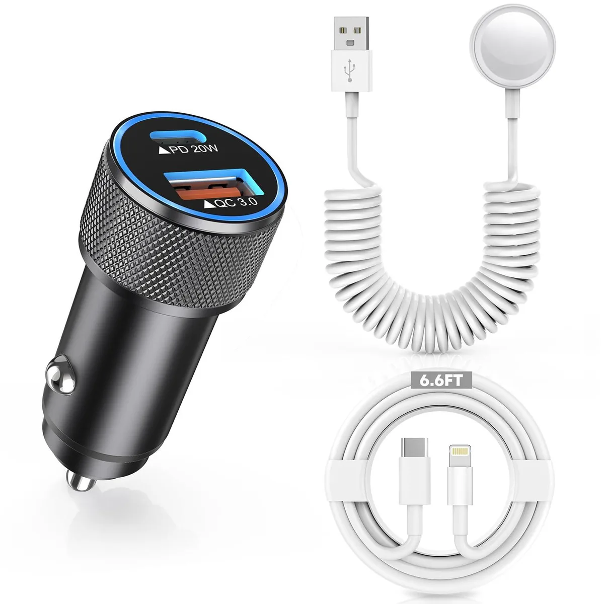 KEHIPI KEHIPI JC-20W-AC 38W Car Charger with Coiled Watch Cable and 6ft Type-C to Lightning Cable — product photo