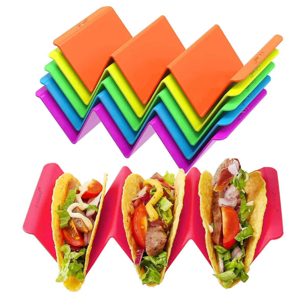 Six colourful curved taco holders stacked together, BPA-free PP plastic, large size, microwave and dishwasher safe