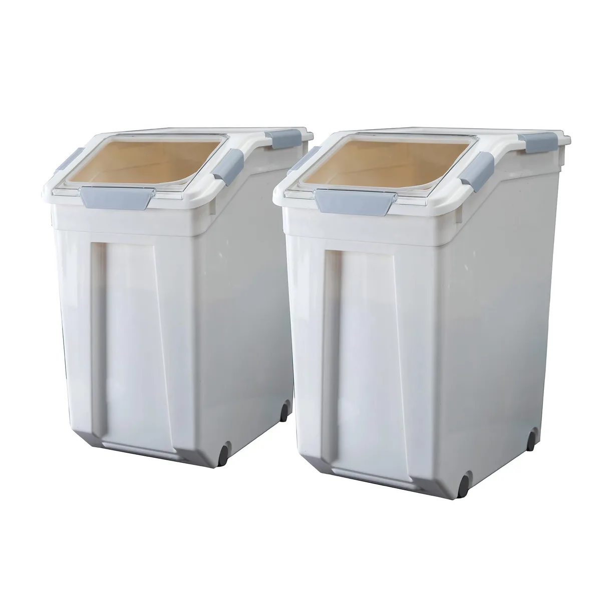 Two white and gray rectangular bins with flip lids, wheels and a measuring cup