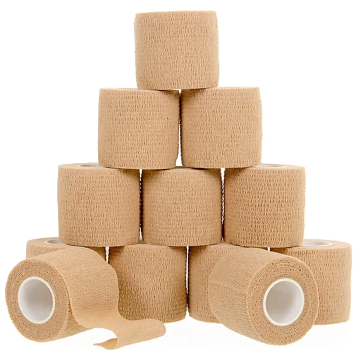 Twelve brown elastic self-adhesive bandage rolls in a pack