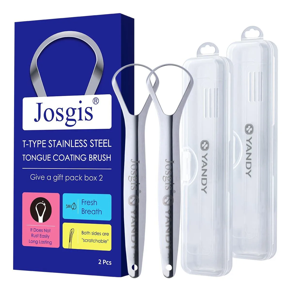 Two silver stainless steel tongue scrapers with dual heads, curved shape, smooth finish