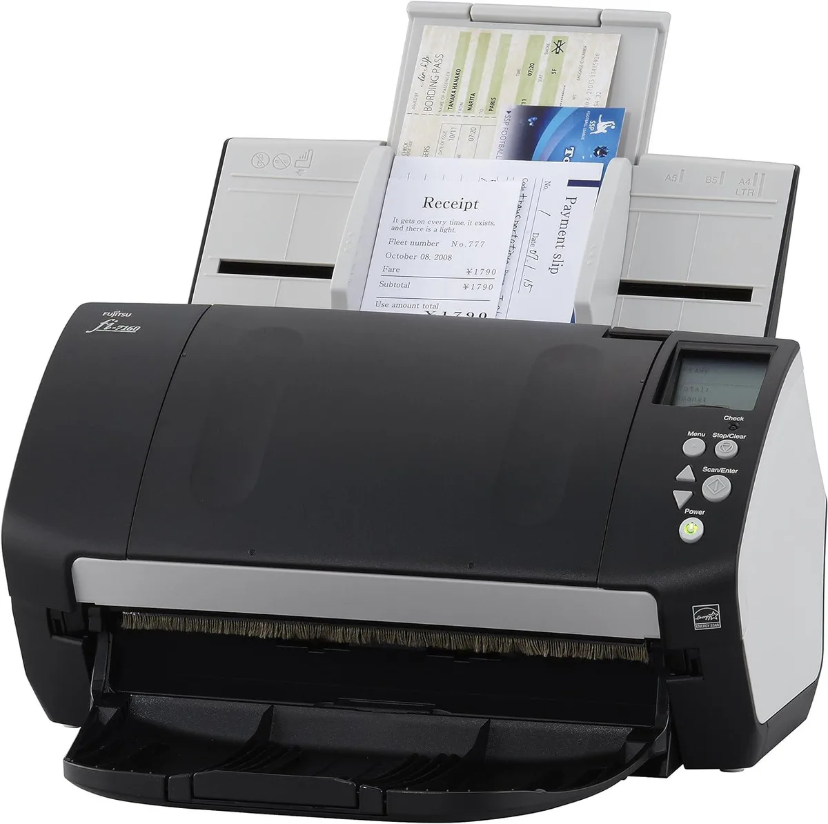 Rectangular desktop scanner in matte grey plastic with top document feeder tray and front output slot