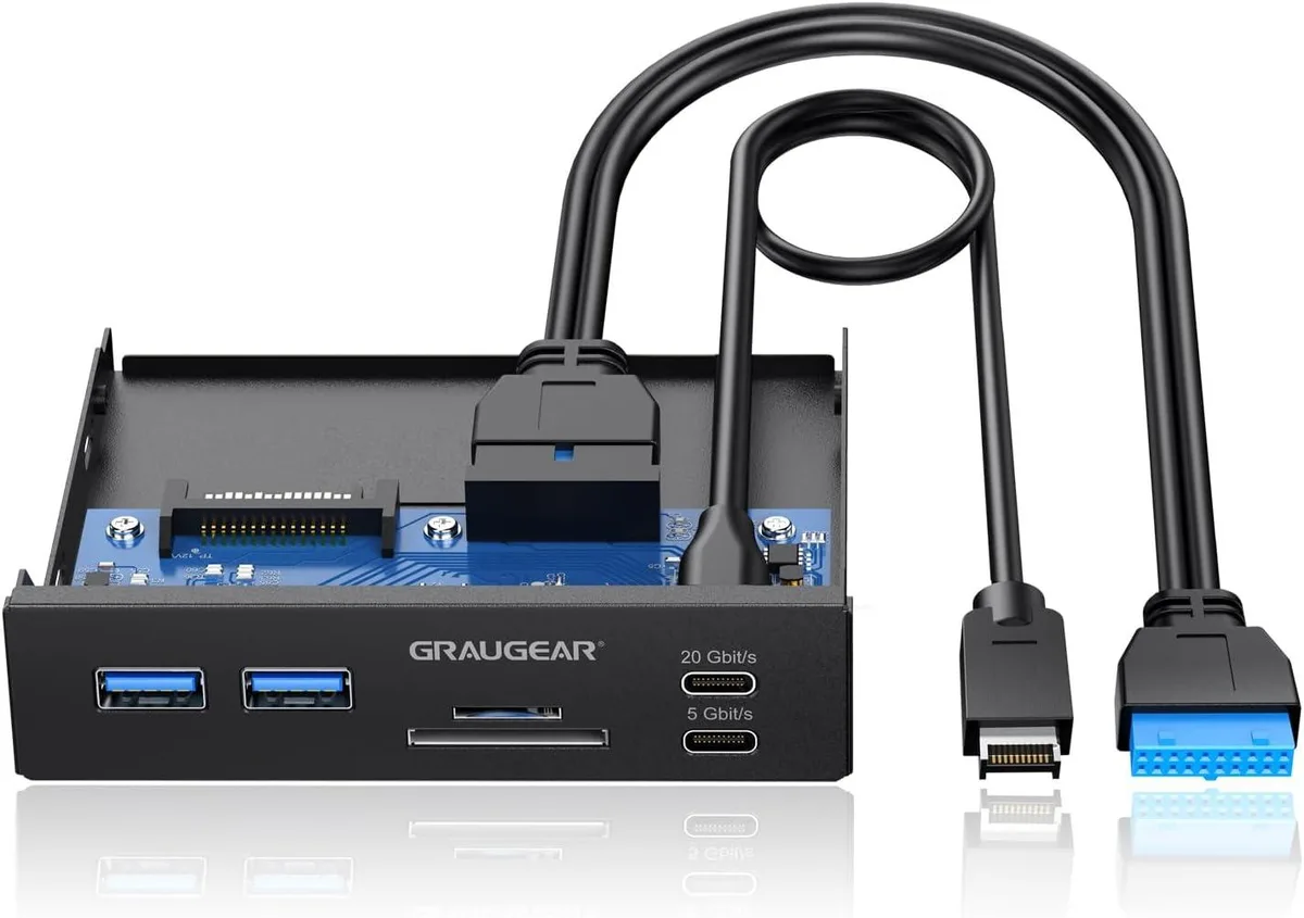 Rectangular silver 3.5 inch front panel with USB-C, USB-A, SD and microSD slots