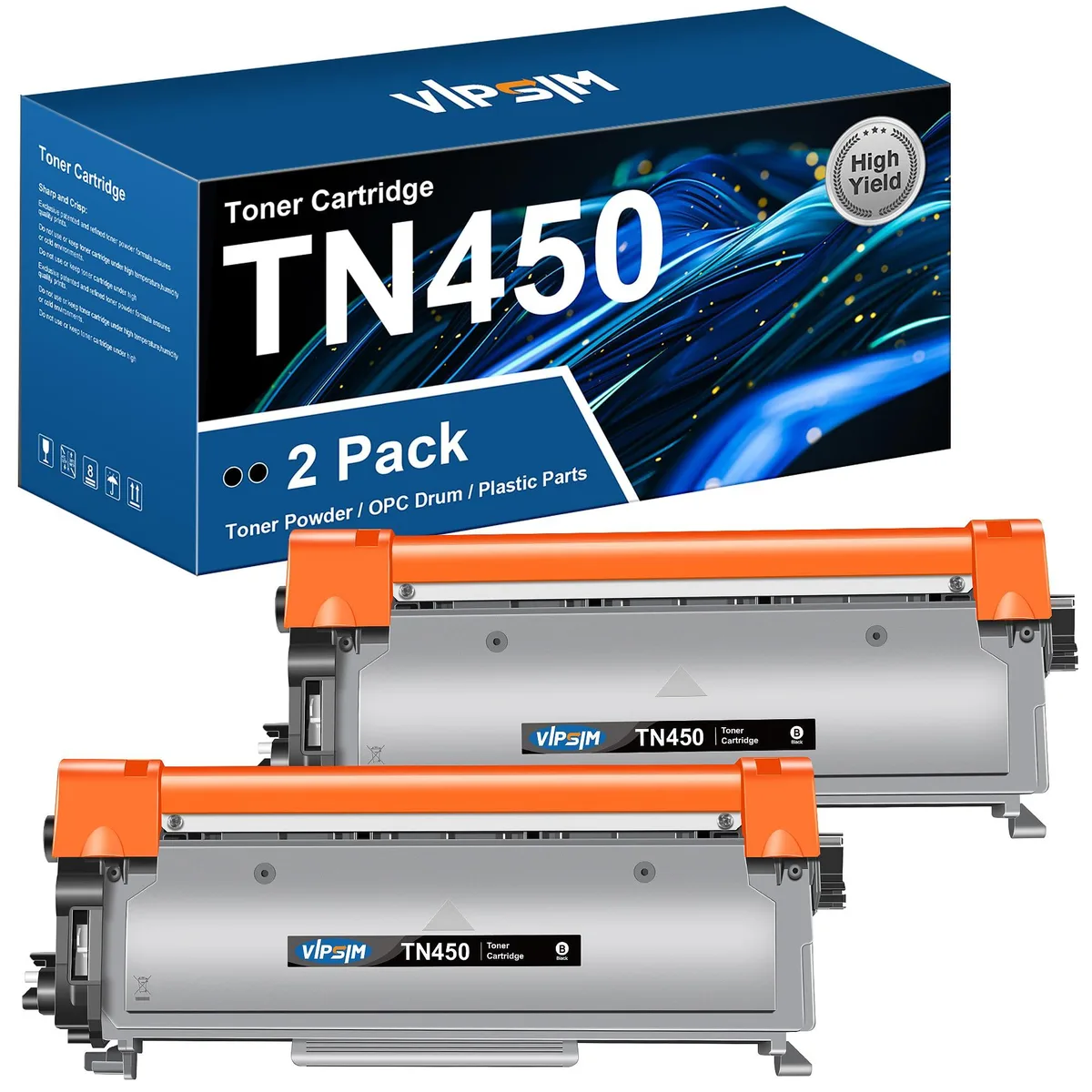 Two black toner cartridges in white packaging, rectangular box shape, matte finish