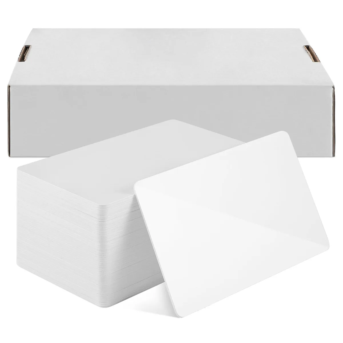 Box of 100 white PVC NFC cards in storage box