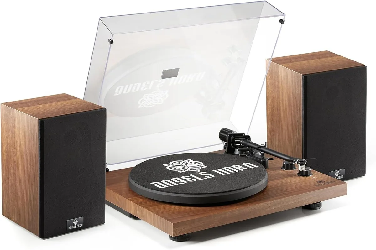 Wood-finish belt-drive turntable with two matching bookshelf speakers