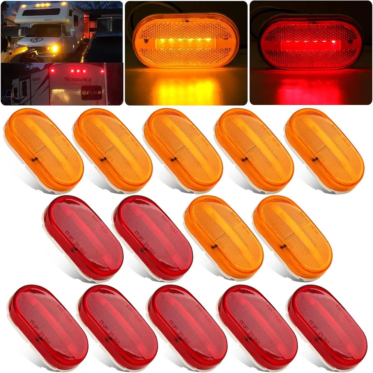 Fourteen rectangular LED marker lights, amber and red, with clear reflex lenses and stainless screws