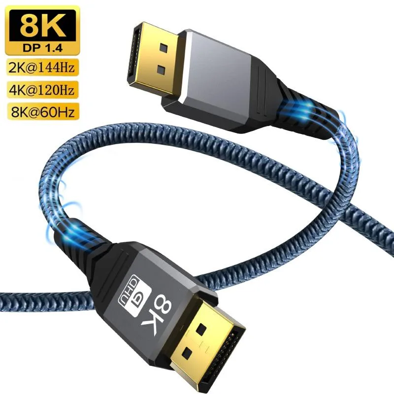 Black nylon-braided DisplayPort 1.4 cable with gold-plated metal connectors, 3.3FT length