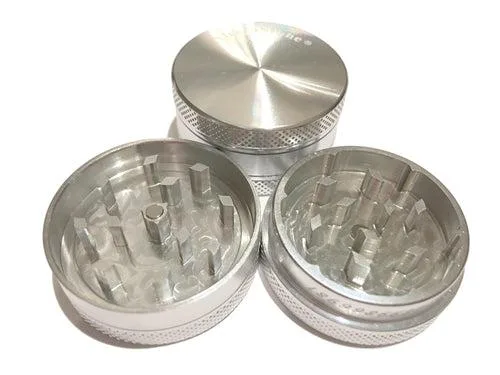 Small silver two-piece aluminium shredder, 1.5 inch diameter