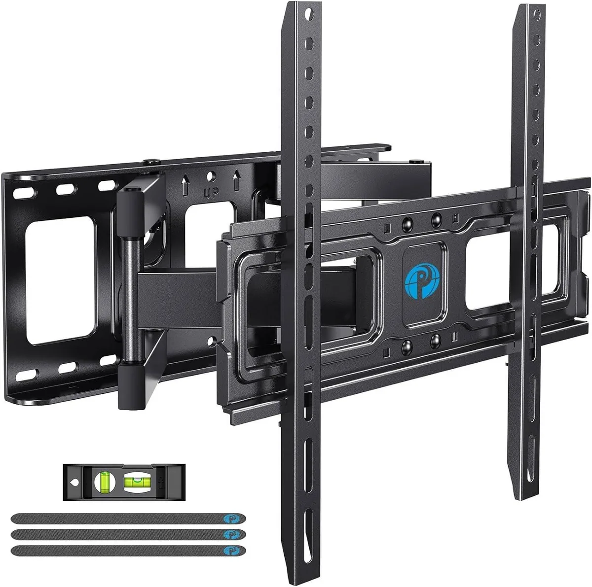 Black steel full-motion TV wall bracket with dual articulating arms and VESA plate