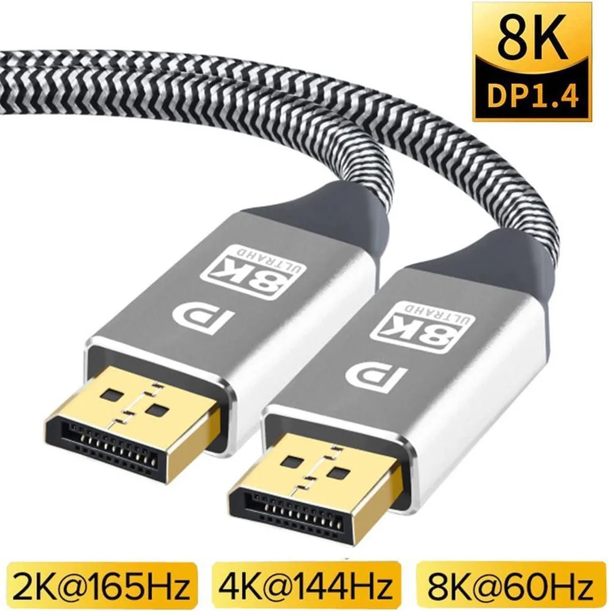 Silver DisplayPort cable with nylon braided sleeve, ten feet long