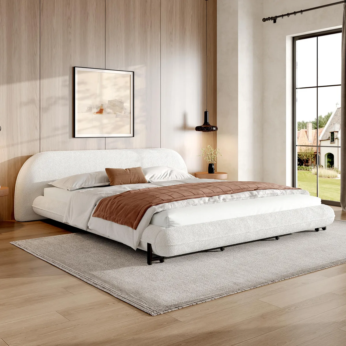 White king-size platform bed with curved boucle-upholstered headboard and frame