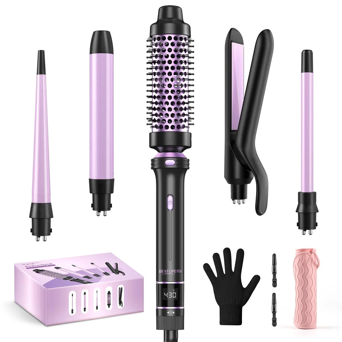White handle with LED display and five interchangeable barrels in silver and black finish