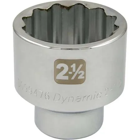 A chrome-finished 1-inch drive socket with twelve-point opening and laser-etched size markings