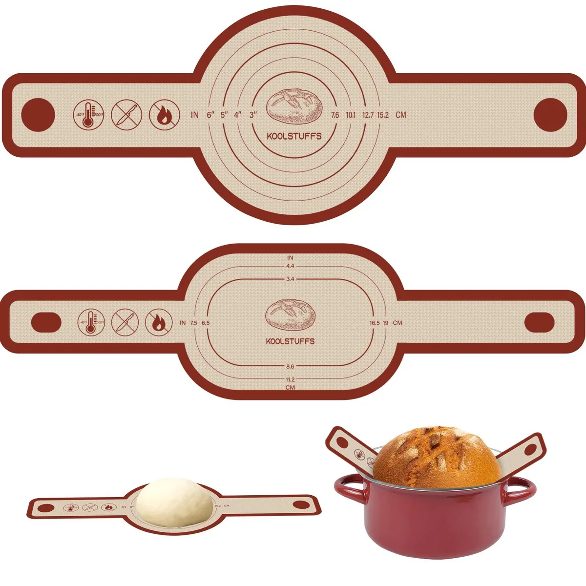 Two red silicone baking mats, one oval and one round, with long handles and a checkered pattern