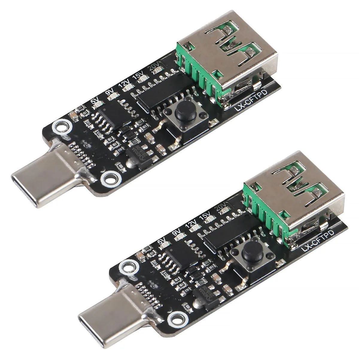 Two compact USB-C male trigger modules with USB-A female ports, matte black finish, each showing a small button and LED indicator