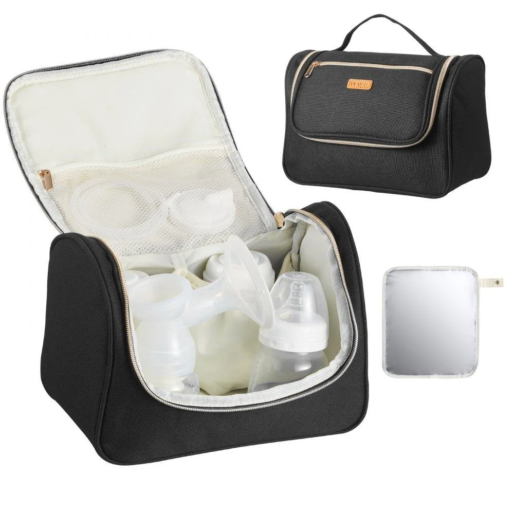 Black rectangular breast pump bag with polyester exterior and aluminium-foil lining, top handles and front pocket