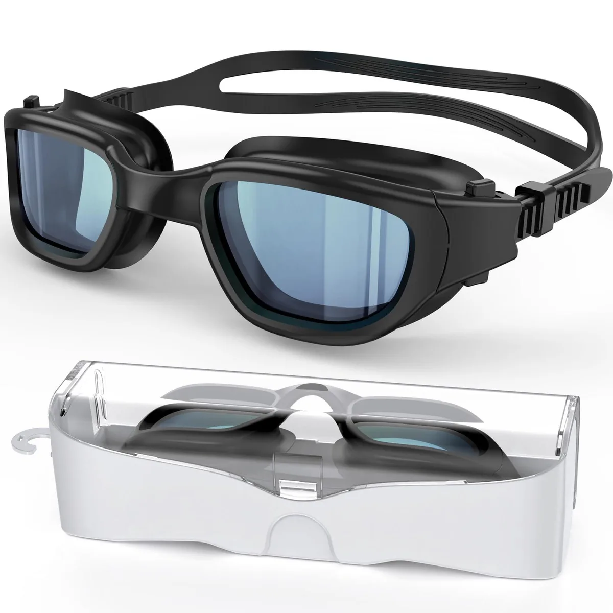Blue polarized swim goggles with curved lenses and silicone strap