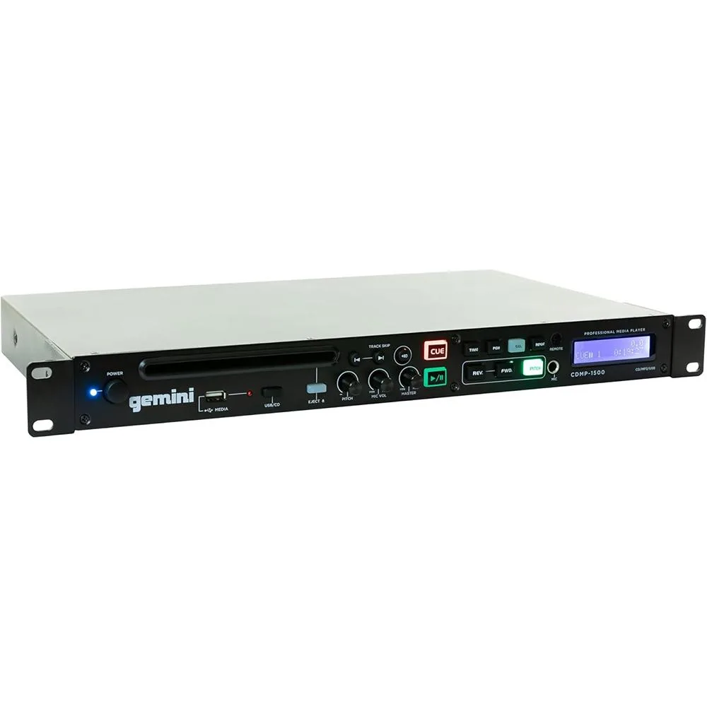 Silver 1U rackmount CD player with slot-in drive, large display, rotary pitch knob and front USB port