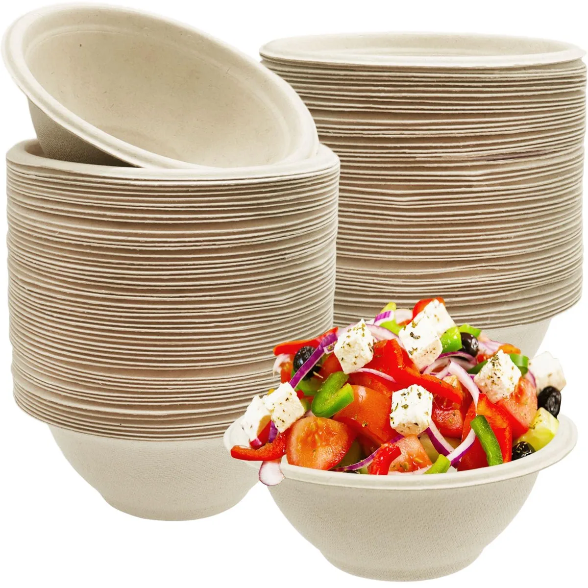 Stack of 100 round brown bagasse bowls, 8 oz each