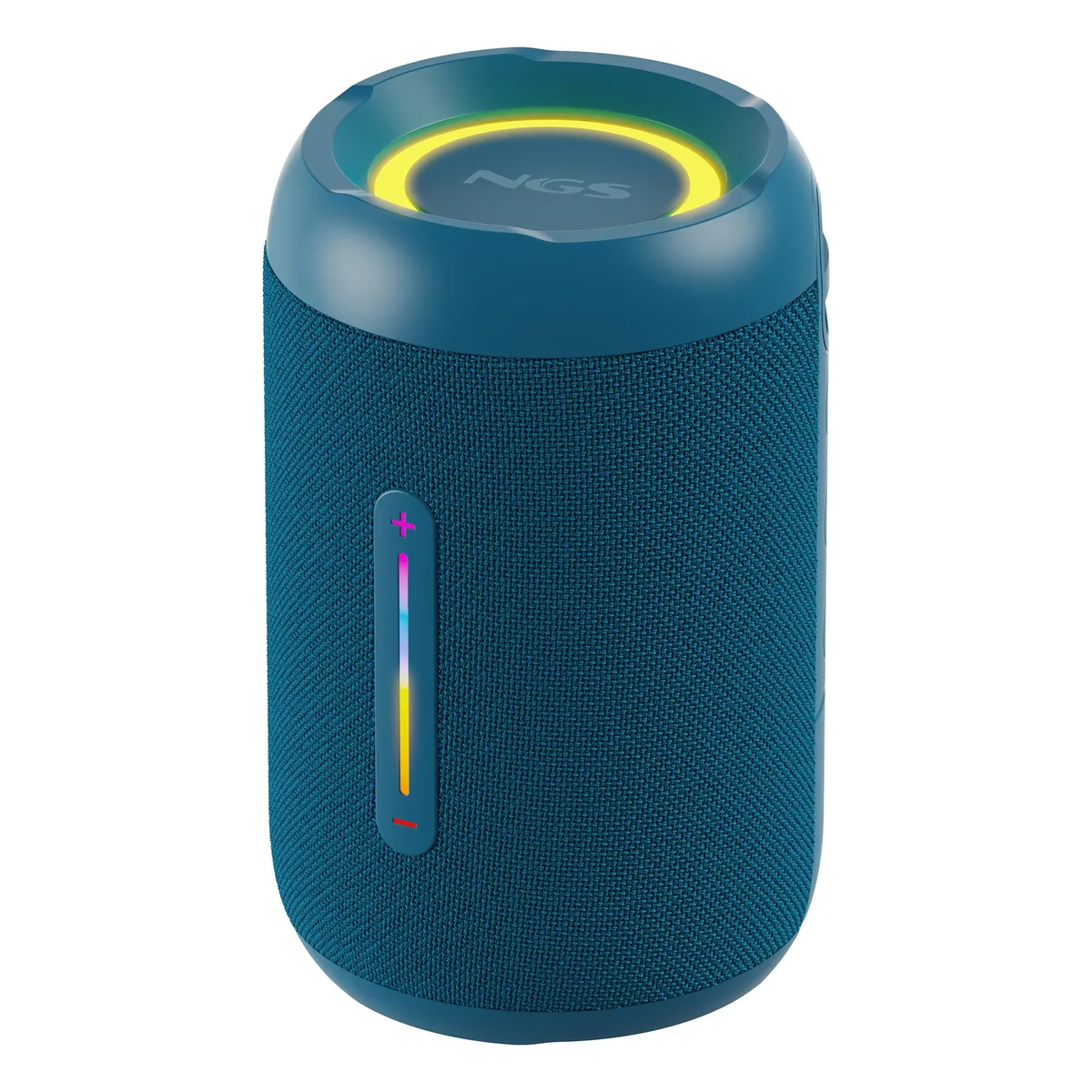 Small blue cylindrical Bluetooth 5.0 speaker with fabric finish