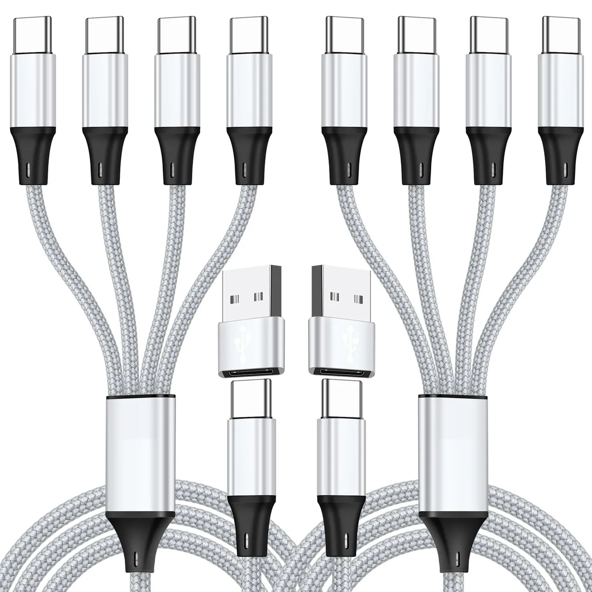Two silver nylon-braided USB-C splitter cables, each with dual USB-A and USB-C input ends branching to four USB-C outputs