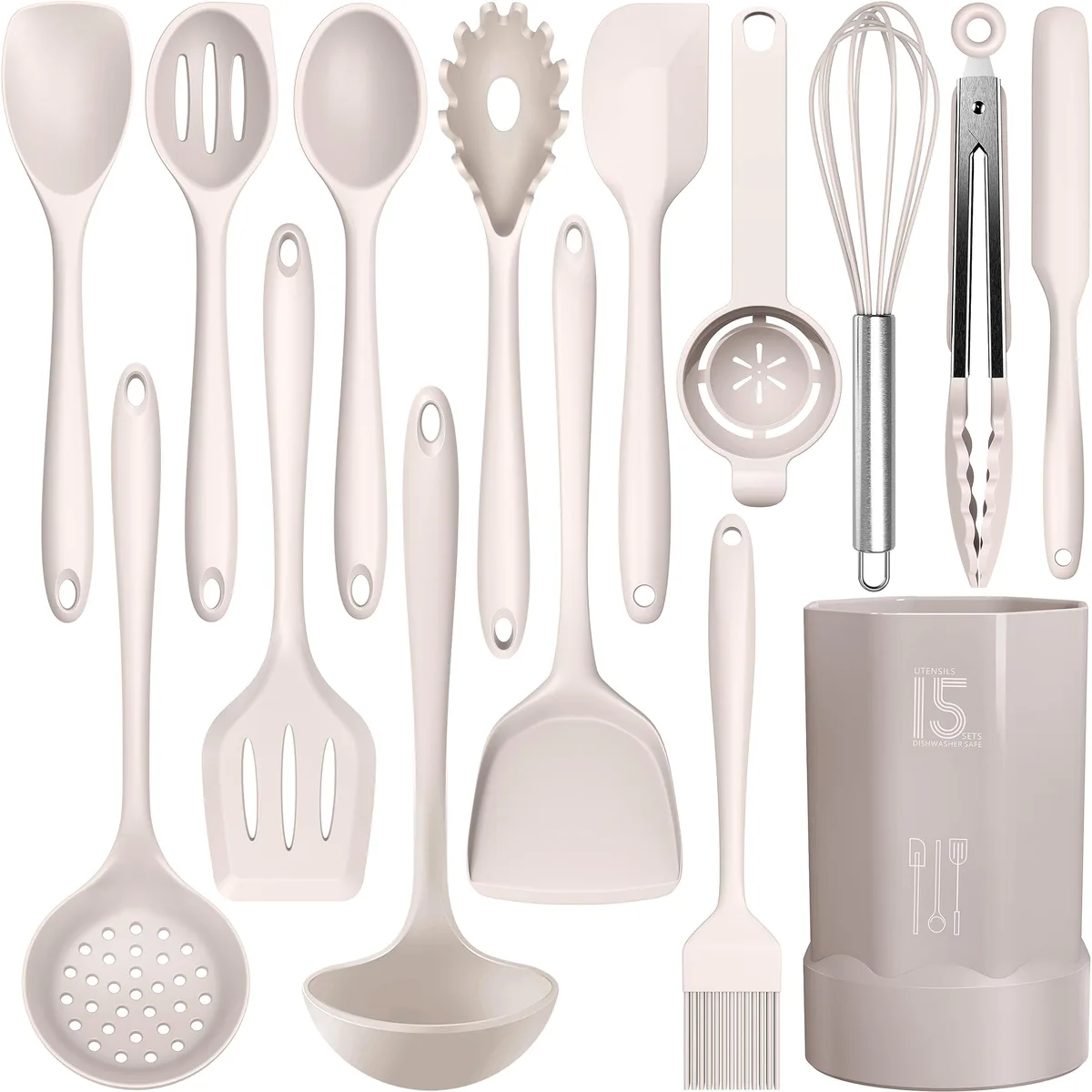 Ivory silicone cooking utensil set with stainless steel cores and holder