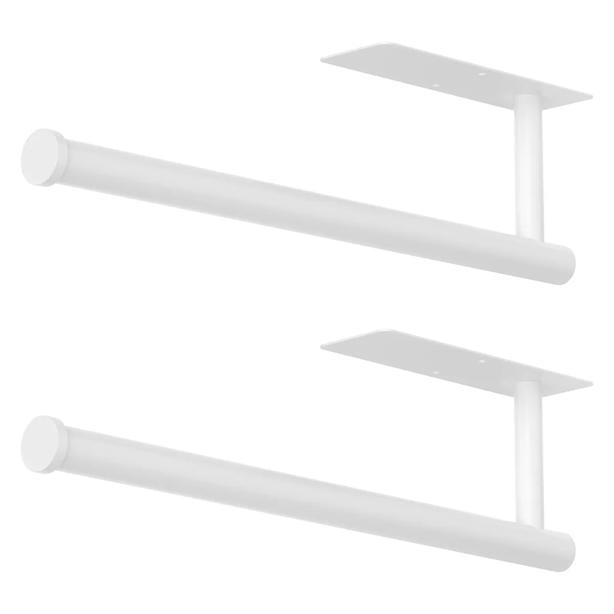 Two white stainless steel paper towel holders with self-adhesive backing for wall or under-cabinet mounting