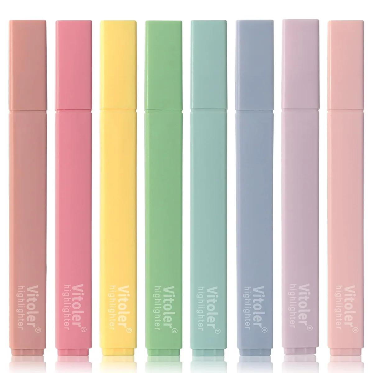 Eight pastel highlighter pens with chisel tips in a plastic case