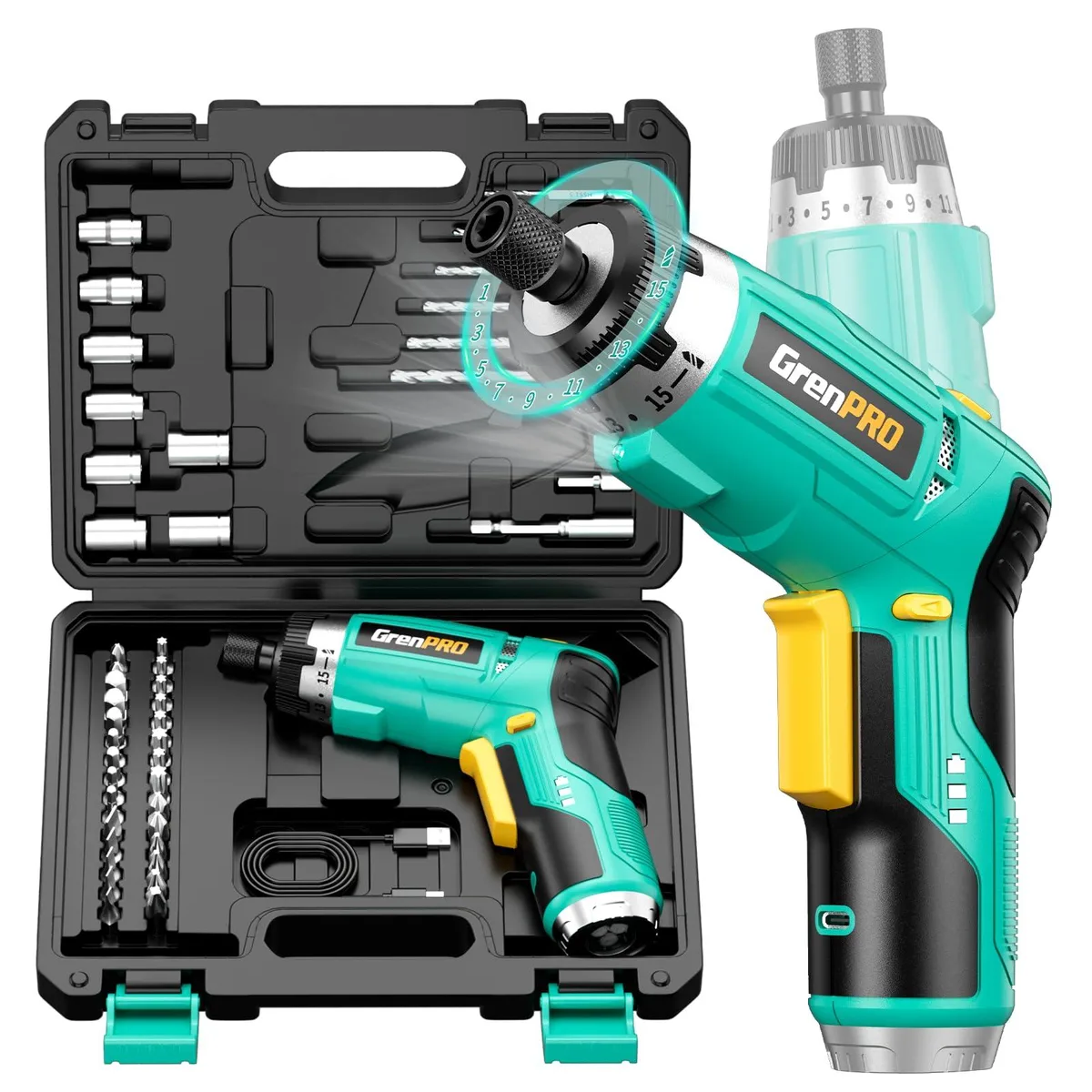 Green 3.6V cordless screwdriver with two-position handle, LED light, 44-piece kit in storage box
