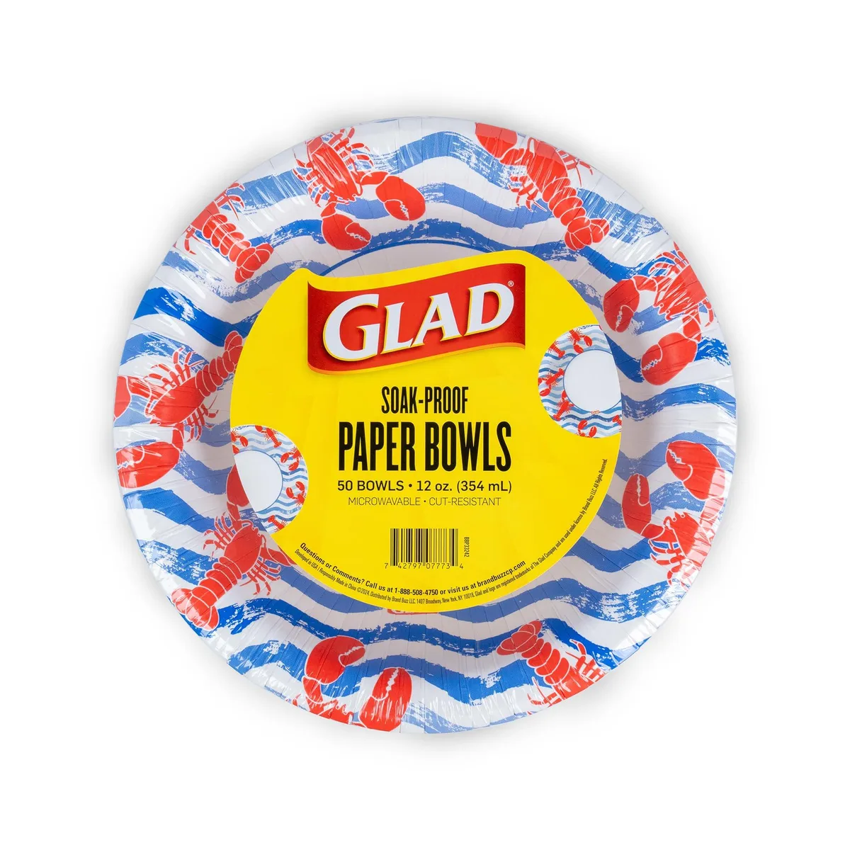 Stack of 50 round 12 oz paper bowls with lobster waves print