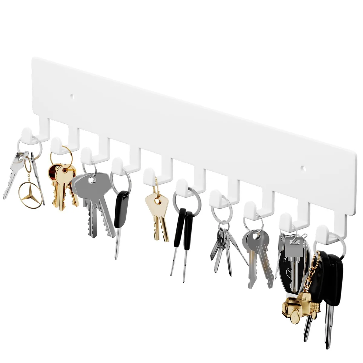 White metal key holder with ten right-angled hooks on a 13.8-inch bar