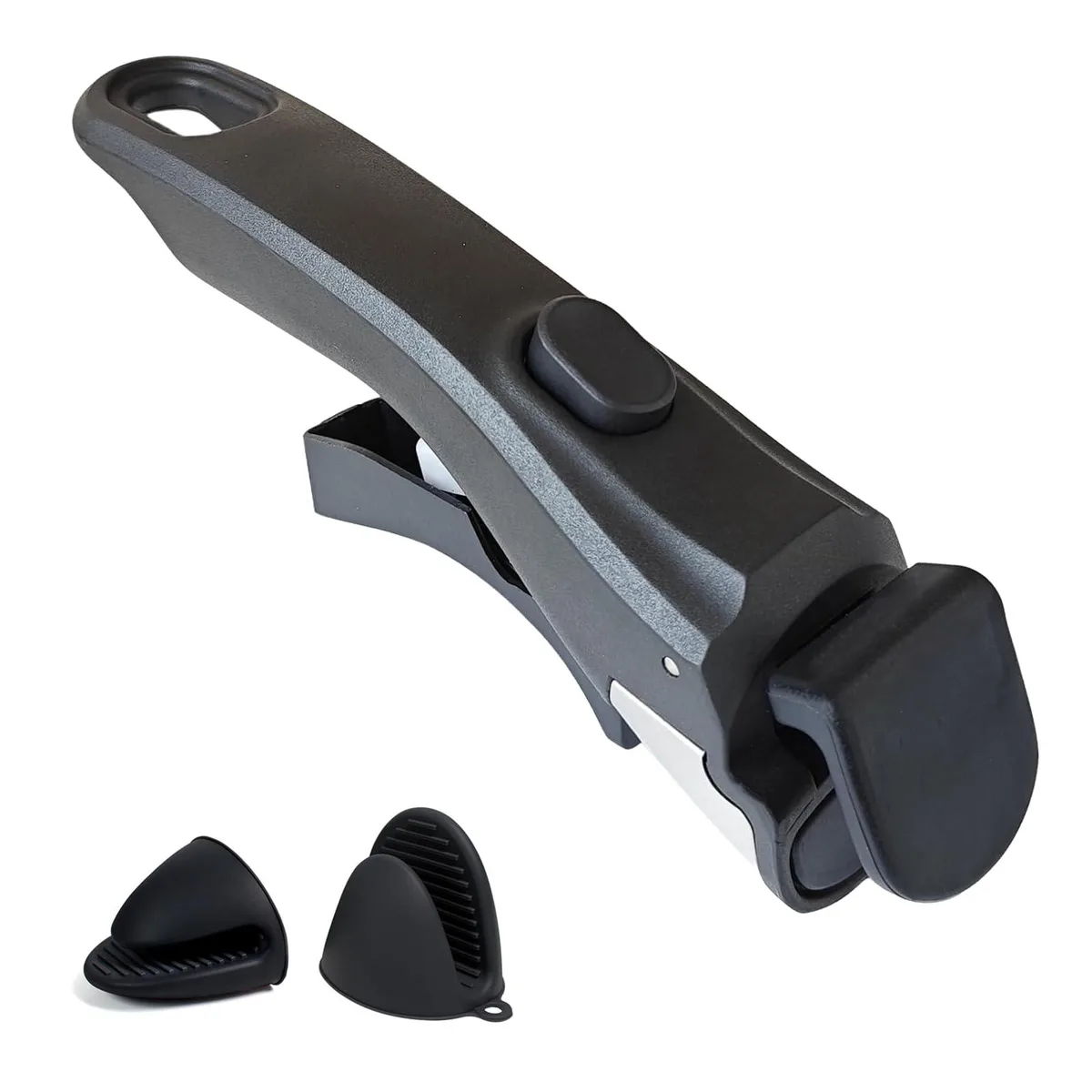 Black removable clamp handle with two matching silicone oven mitts