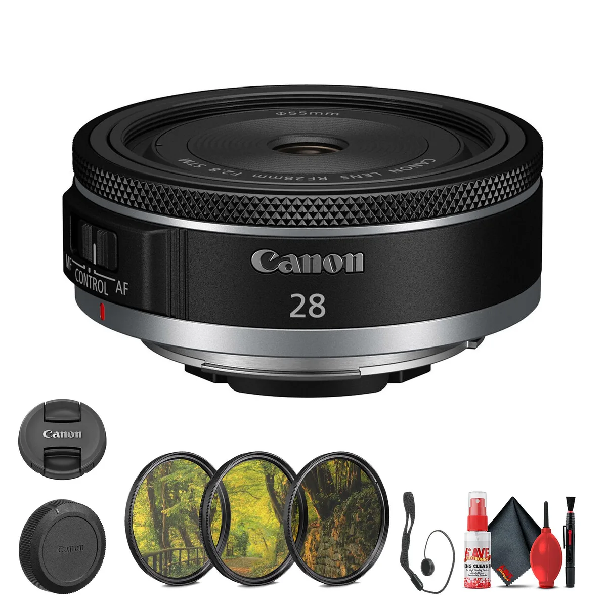 Canon Canon RF 28mm f/2.8 STM Lens Bundle with 3 Piece Filter Kit, Lens Cap Keeper, Cleaning Kit — product photo