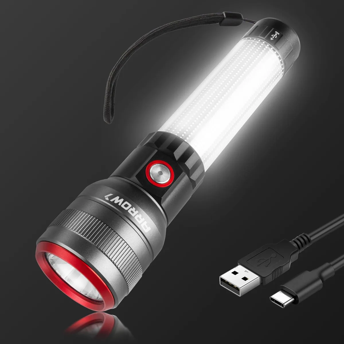 Aluminium rechargeable flashlight with side area light, USB-C port under tail cap