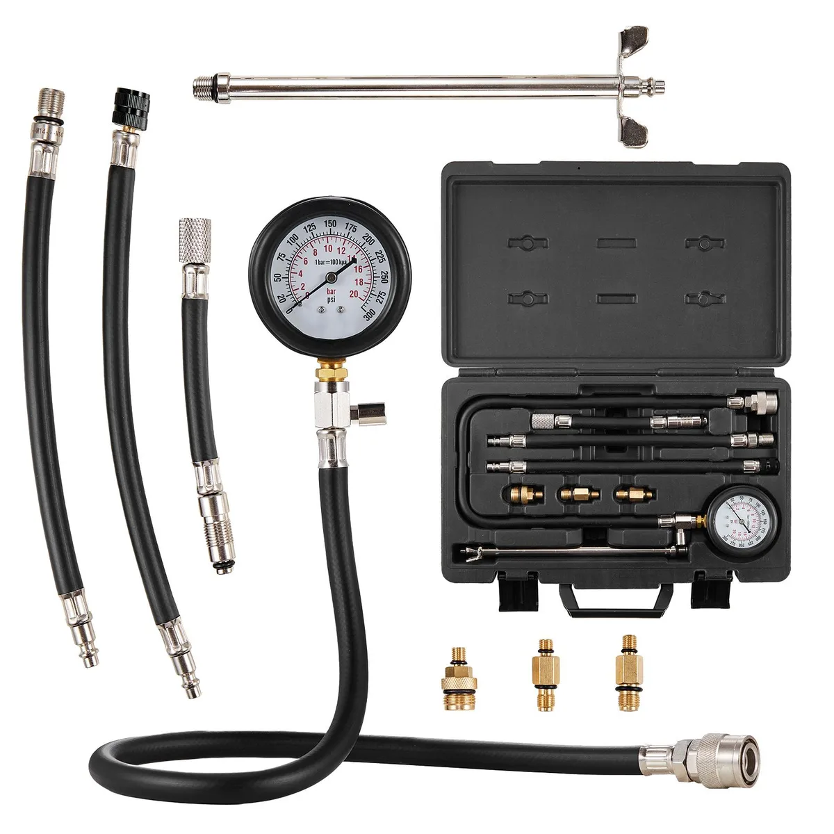 VEVOR VEVOR Compression Tester Adapter Kit 9 Pcs Dual Scale 0-300 psi 25 inch Hose Case — product photo