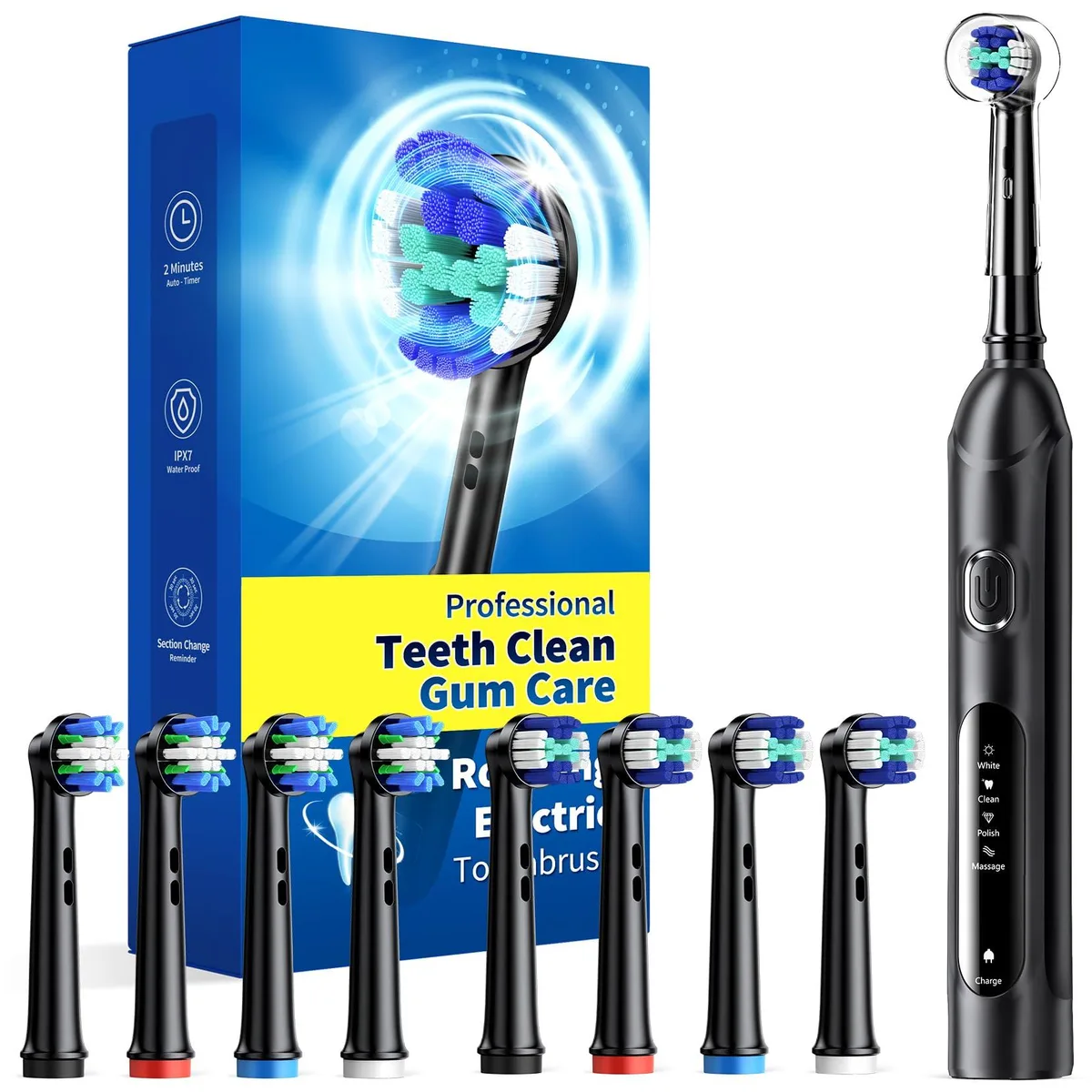 Black rotating electric toothbrush handle with brush head attached