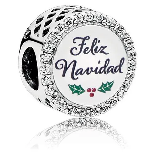 Sterling silver Feliz Navidad charm with cubic zirconia halo and red green holly detail