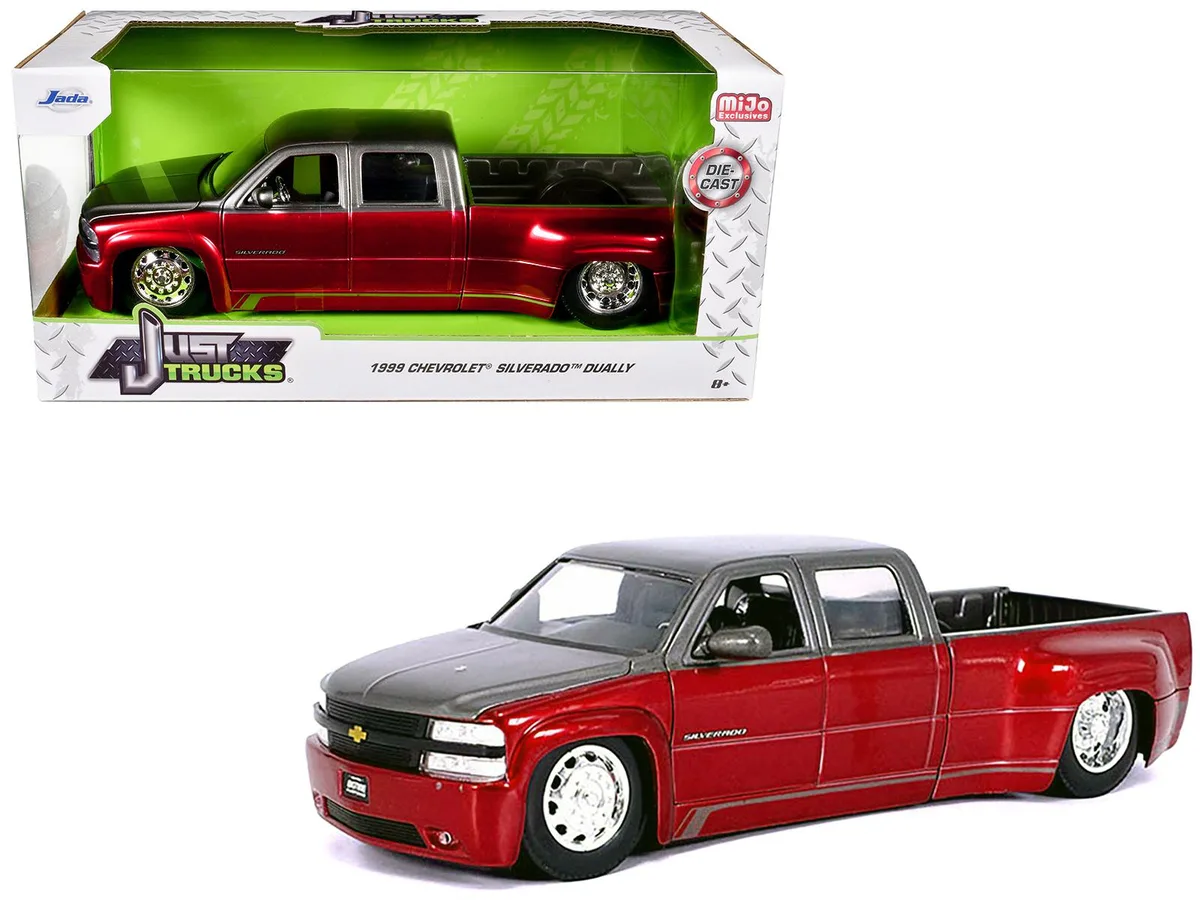 Jada Jada 1999 Chevrolet Silverado Dually Red Metallic Gray 1/24 Diecast Truck — product photo