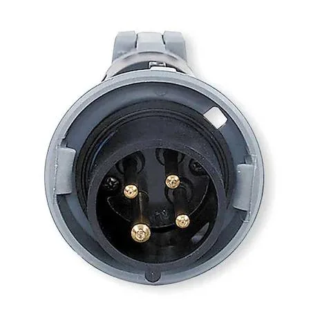 Black cylindrical watertight pin and sleeve plug with external cord grip