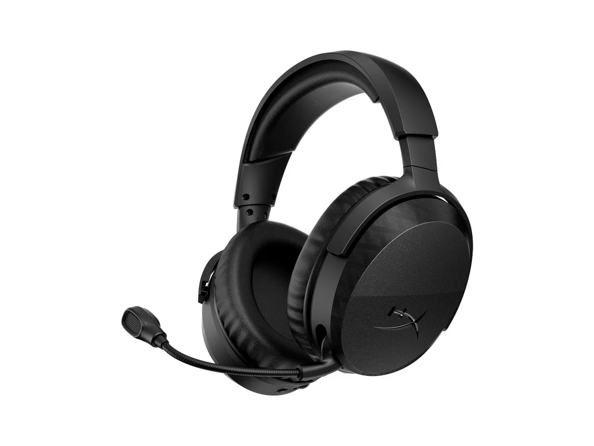 Black wireless gaming headset with adjustable headband and boom microphone