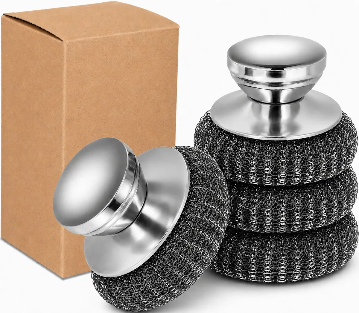 Four stainless steel handled scrubbers with wire pads in white packaging
