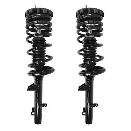 Two fully assembled rear strut units with coil springs and top mounts, metallic finish