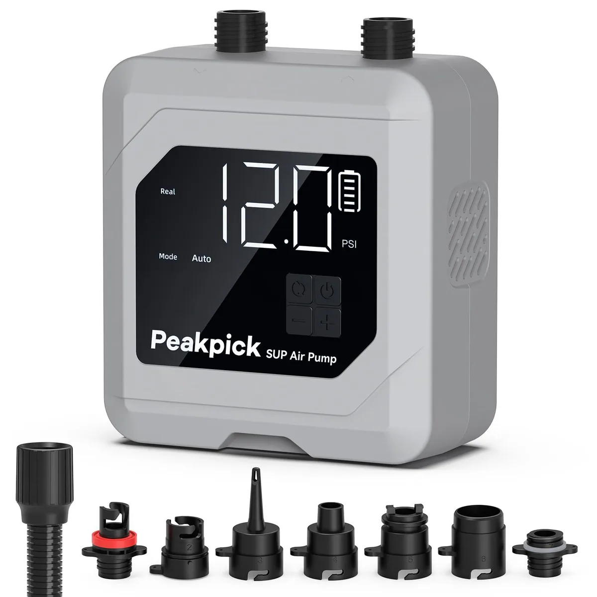 Gray rectangular plastic electric pump with carry handle and digital display, shown in twelve-unit pack
