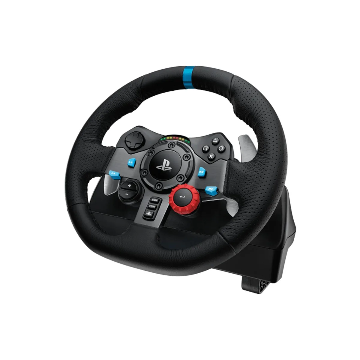 Black Logitech G920 steering wheel with hand-stitched leather rim and anodized aluminium spokes plus three-pedal set on steel frame
