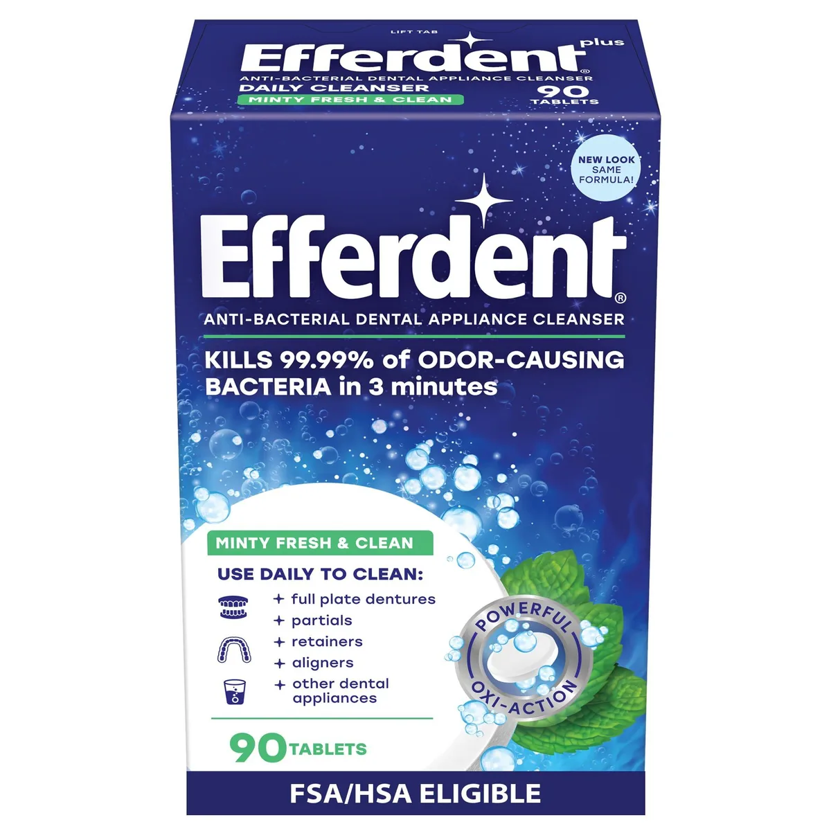 White rectangular box with blue and green accents containing 90 denture cleaning tablets