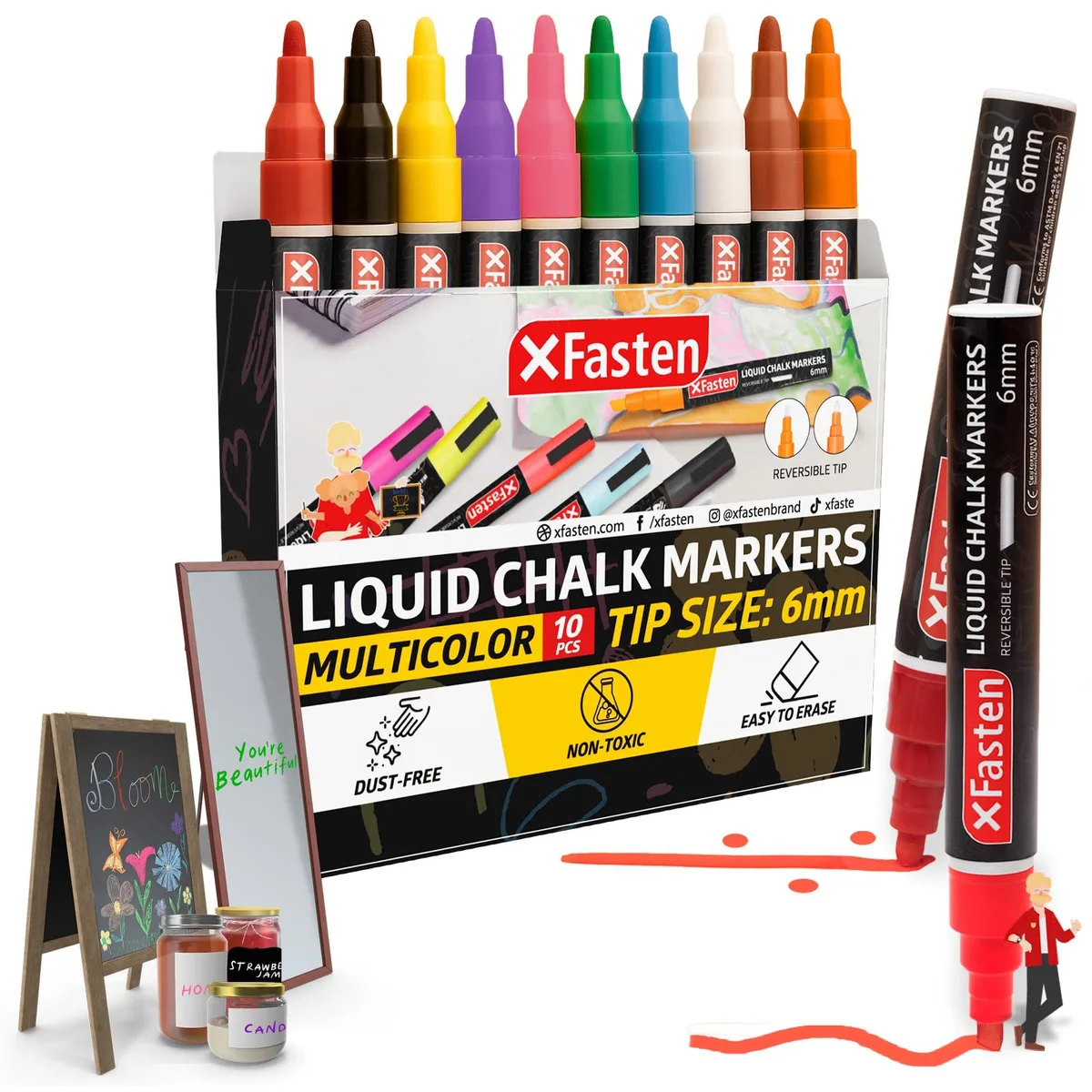 Ten blue liquid chalk markers with reversible 6mm tips in a box