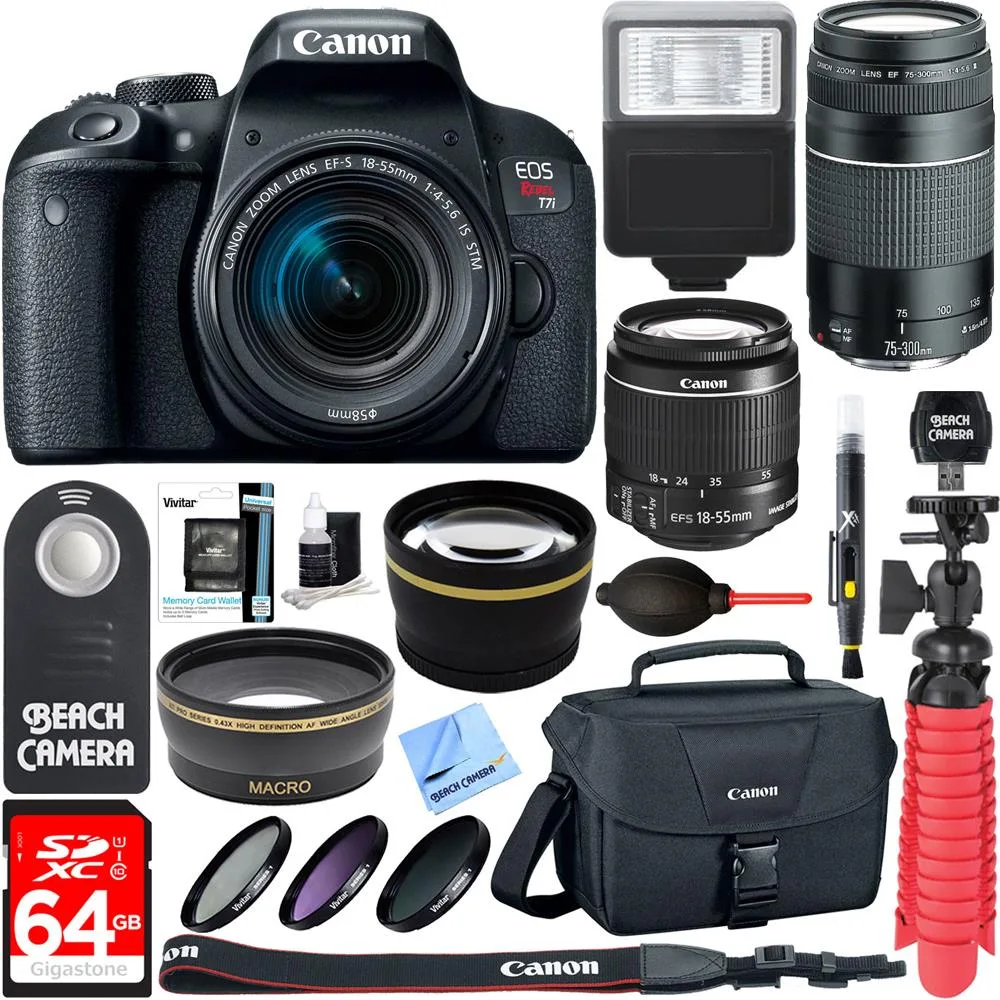 Canon Canon EOS Rebel T7i DSLR camera 18-55mm 75-300mm IS lens 64GB accessory kit — product photo