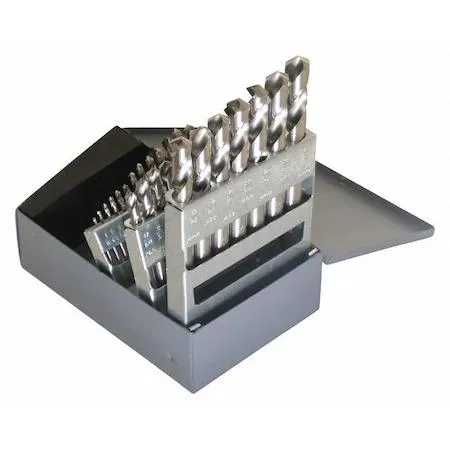 Transparent case holding 29 bright steel drill bits in indexed slots
